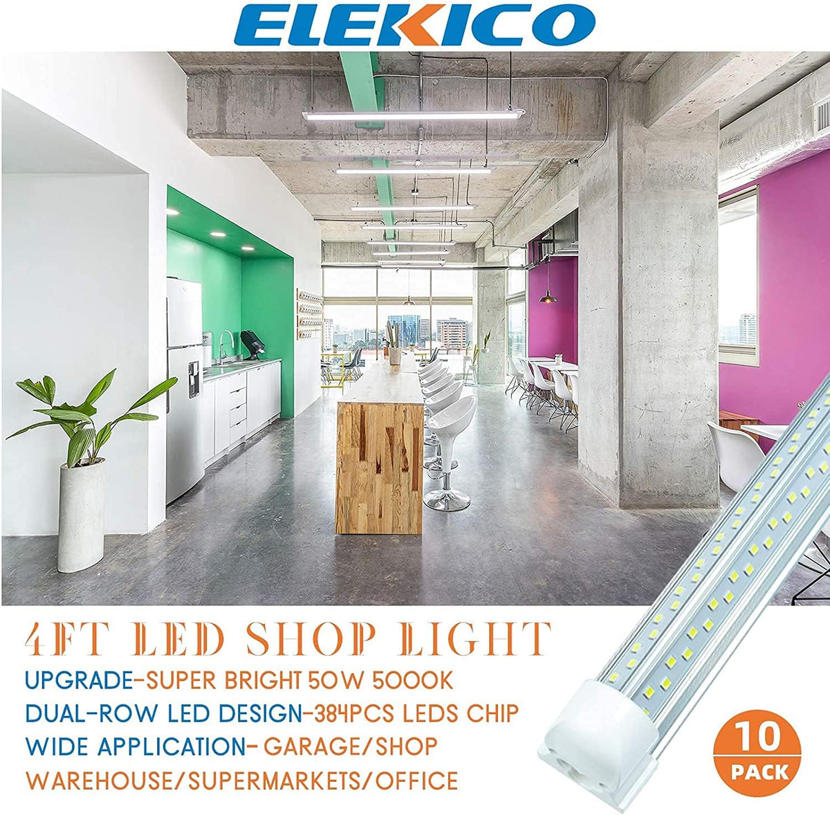 10 Pack 4FT 50W 7200LM 5000K Linkable LED Shop Light A25690