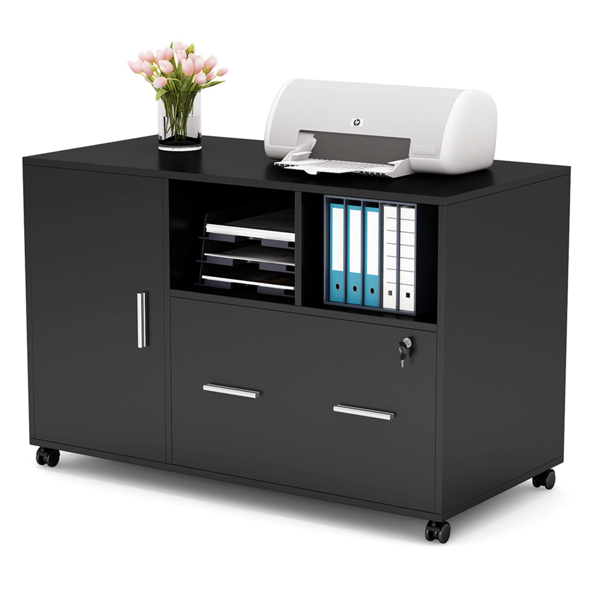 Black Mobile Lateral File Cabinet with Lock and Drawer B8188