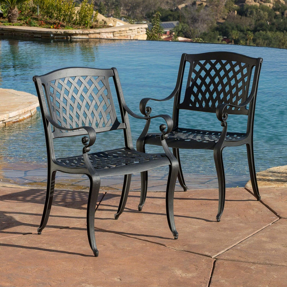 Black Sand Cast Aluminum Outdoor Chairs, 2-Pcs Set P9192