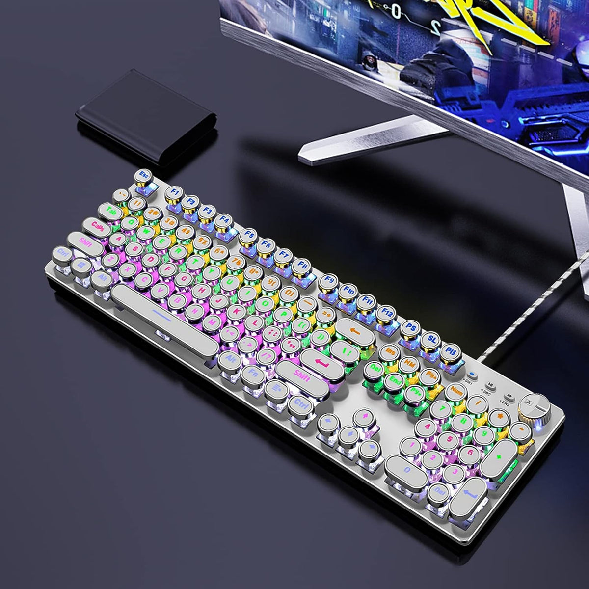 Mechanical Gaming Keyboard with 26 Rainbow Backlits Silver Retro Typewriter Keyboard Full-Size 104 Keys USB Wired Blue Switch Ergonomic Keyboard Brushed Alloy Panel F32835