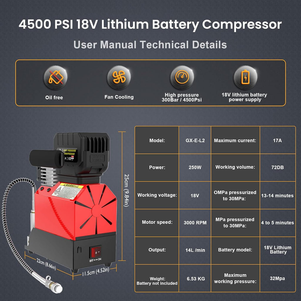 Portable 18V Cordless PCP Air Compressor, 4500Psi/300Bar, Oil-Free A126