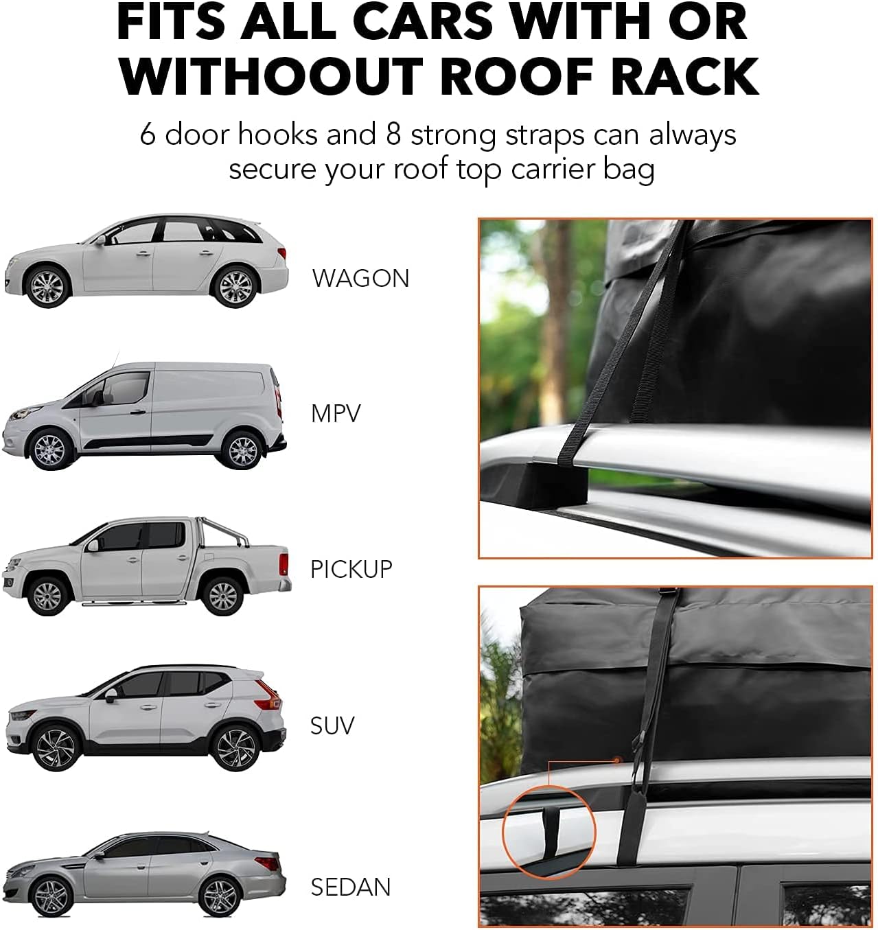 Black 15 Cubic Feet Rooftop Cargo Carrier with Anti-Slip Mat and 8 Reinforced Straps A5159
