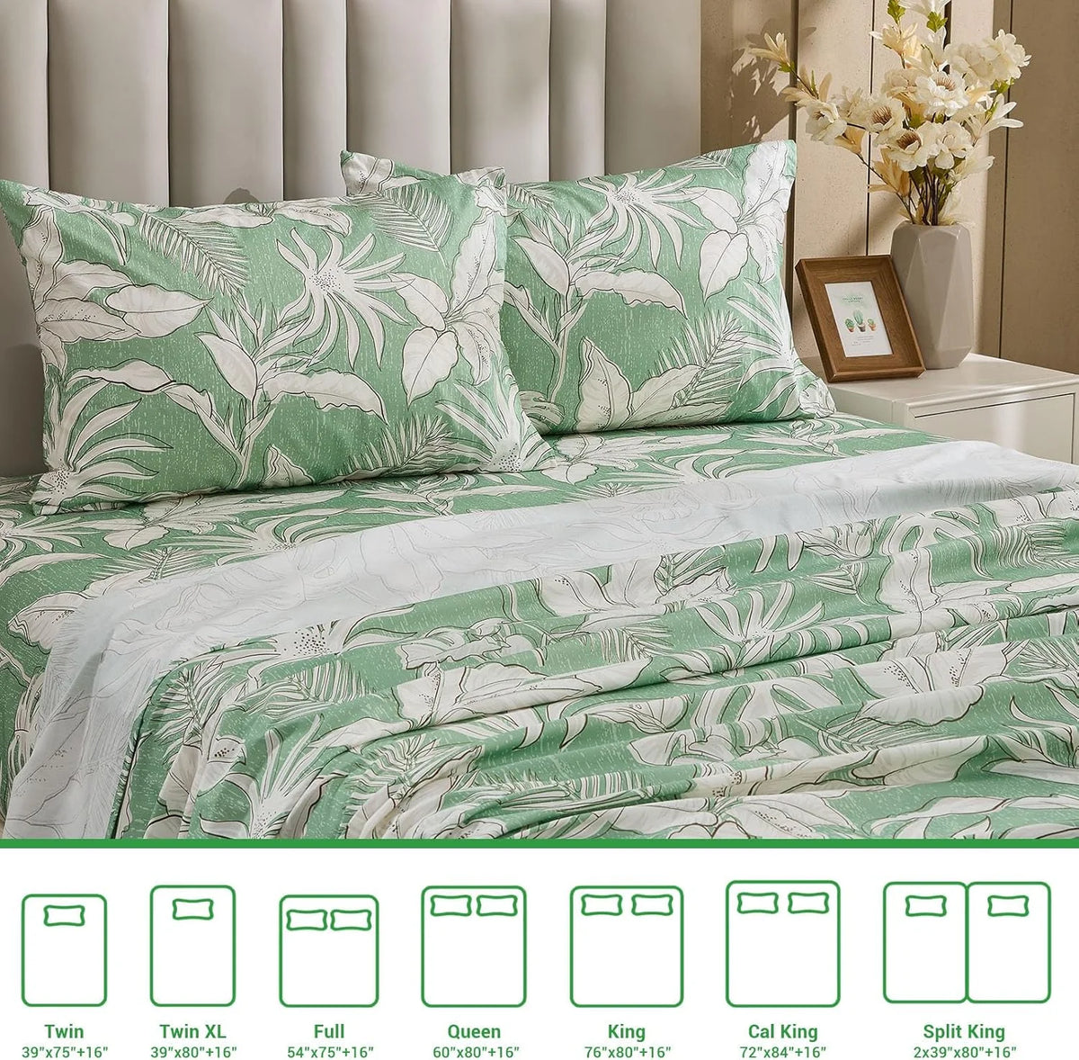 Green Floral Cotton Sheet Set Queen Size 4PC G8318