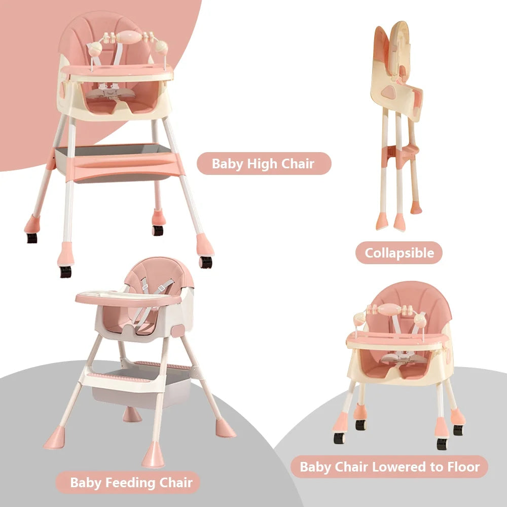 Pink 4-in-1 Baby Highchair with Five-Point Snap Button B412