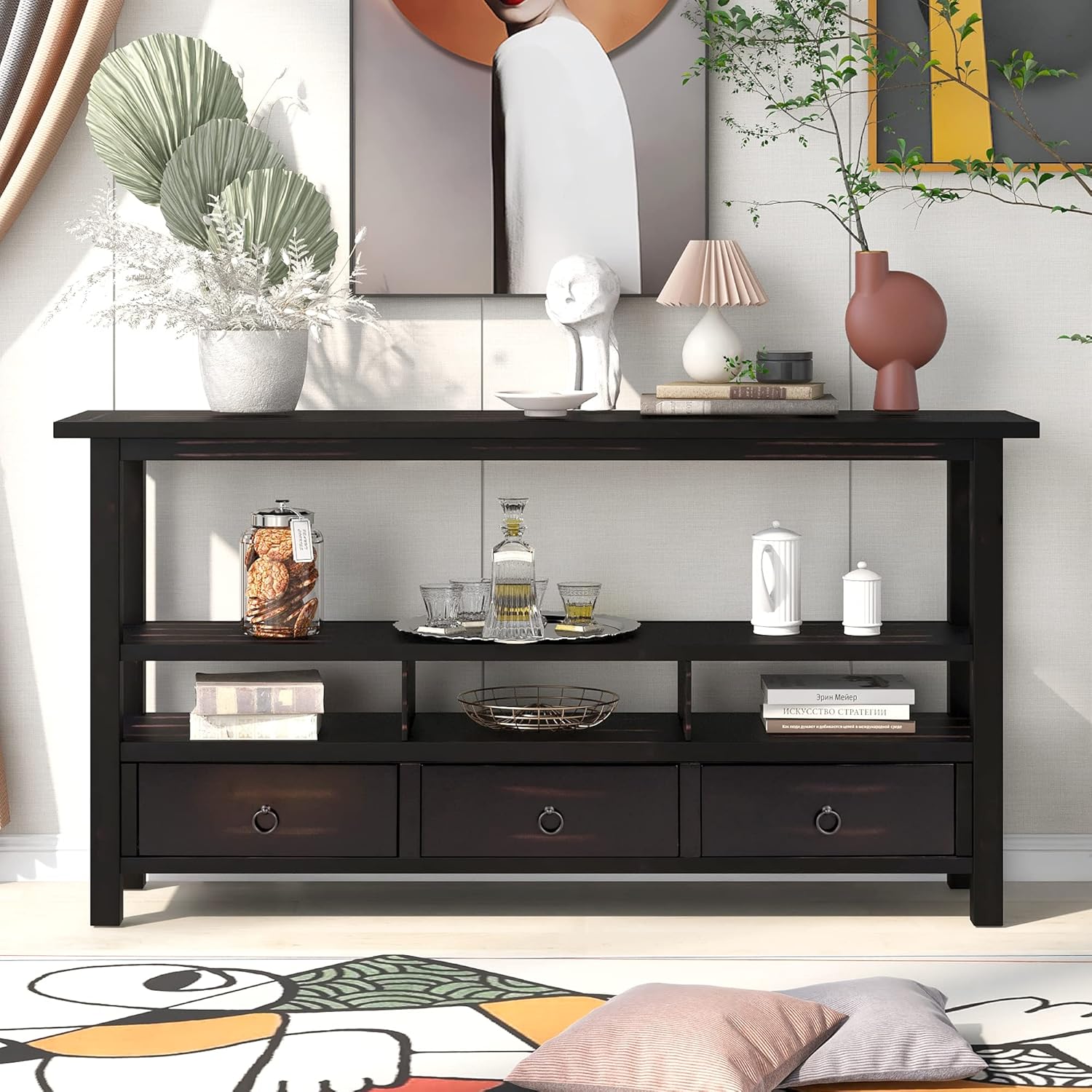 Navy Blue 6 Drawers Console Table with Cabinet and Shelf W15422