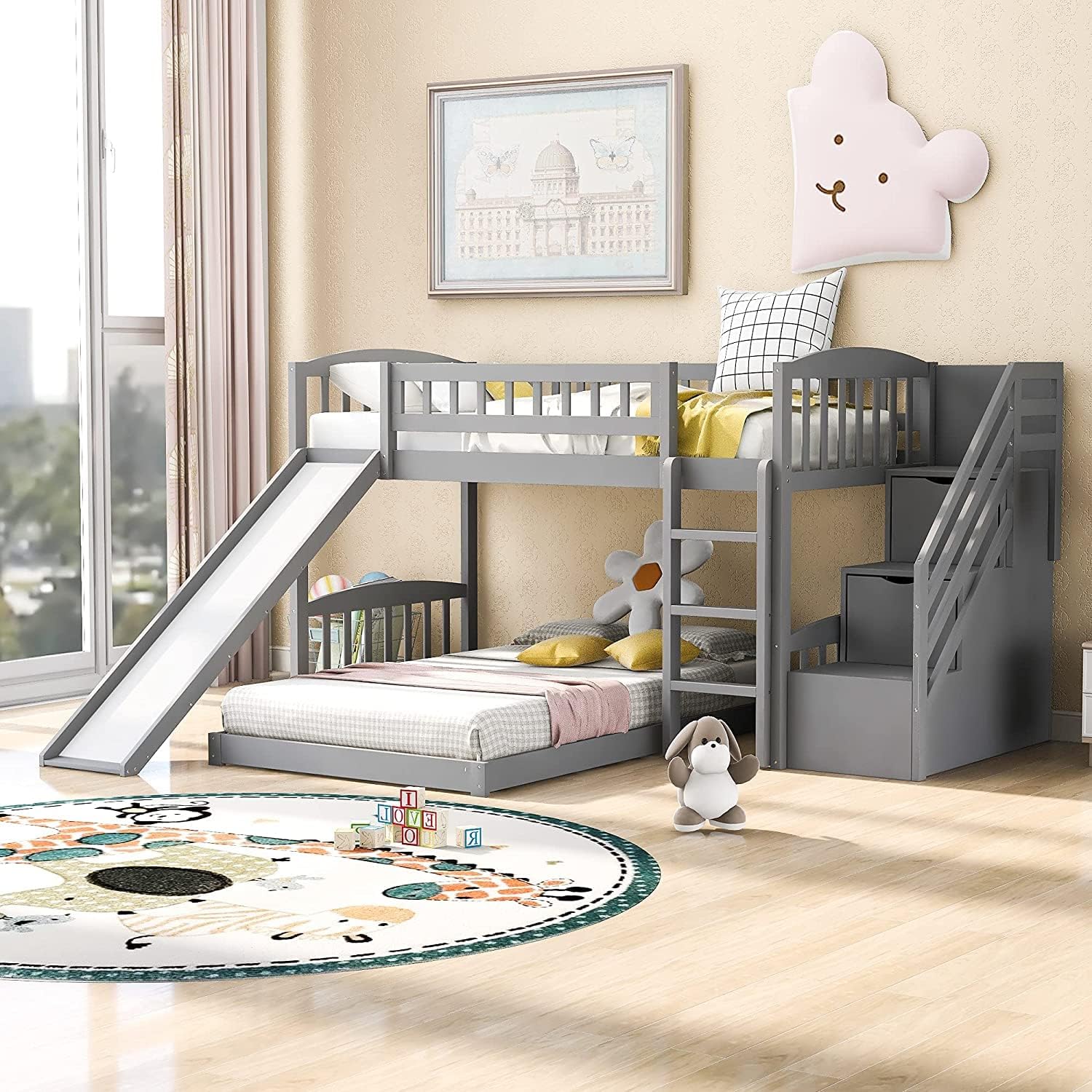 White Solid Wood Twin Over Twin Bunk Bed with Storage Staircase, Slide, and Two Drawers Z765