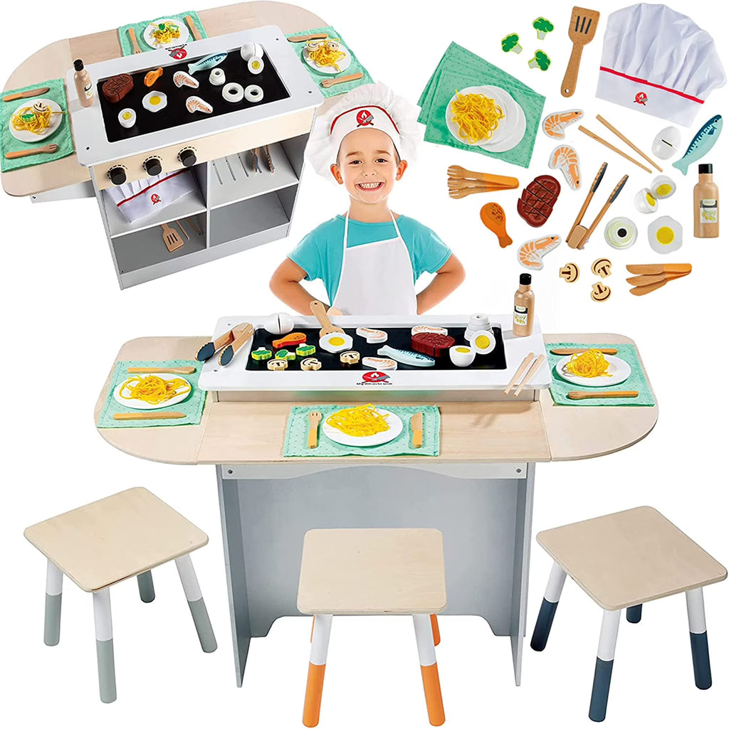 Wooden Kids Playset with Stools and 25 Toy Food Pieces K73933