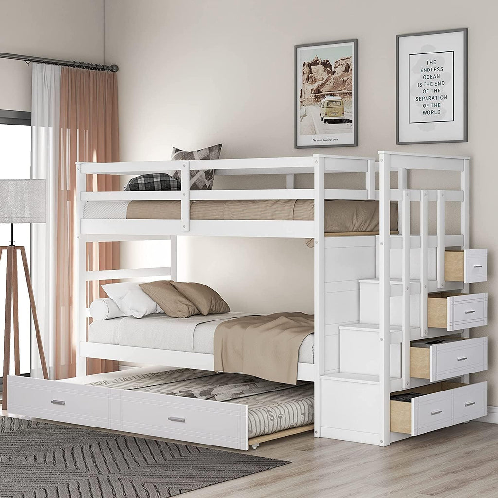 White Solid Wood Twin Over Twin Bunk Bed with Storage Staircase, Slide, and Two Drawers Z765