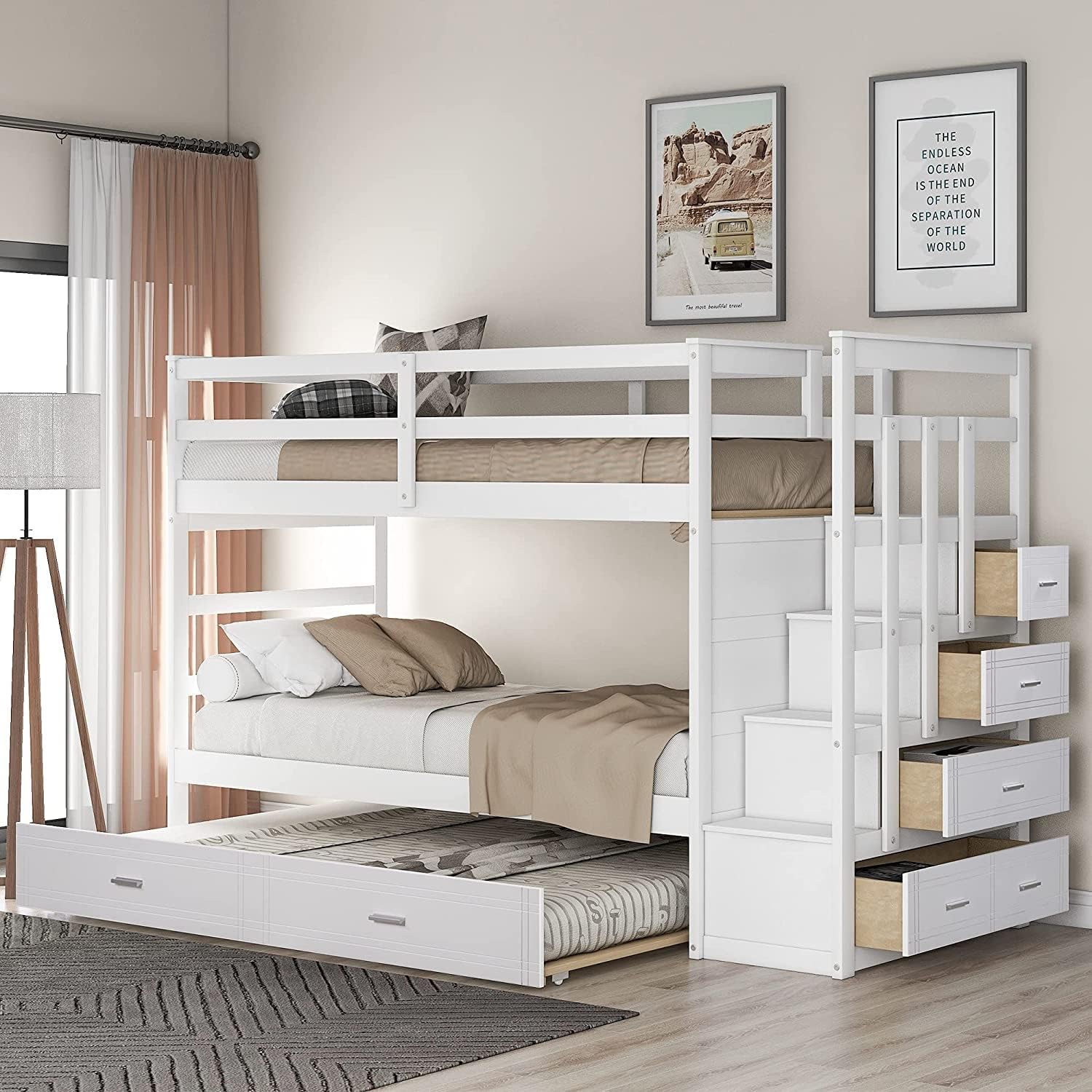 White Solid Wood Twin Over Twin Bunk Bed with Storage Staircase, Slide, and Two Drawers Z765