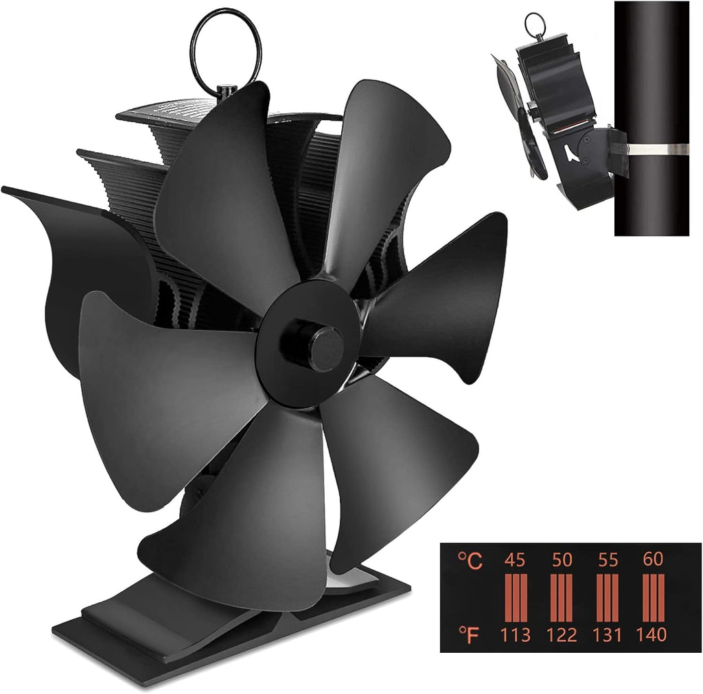 6 Blades Heat Powered Stove Fan with Thermometer Strip, Pack of 2 B1104