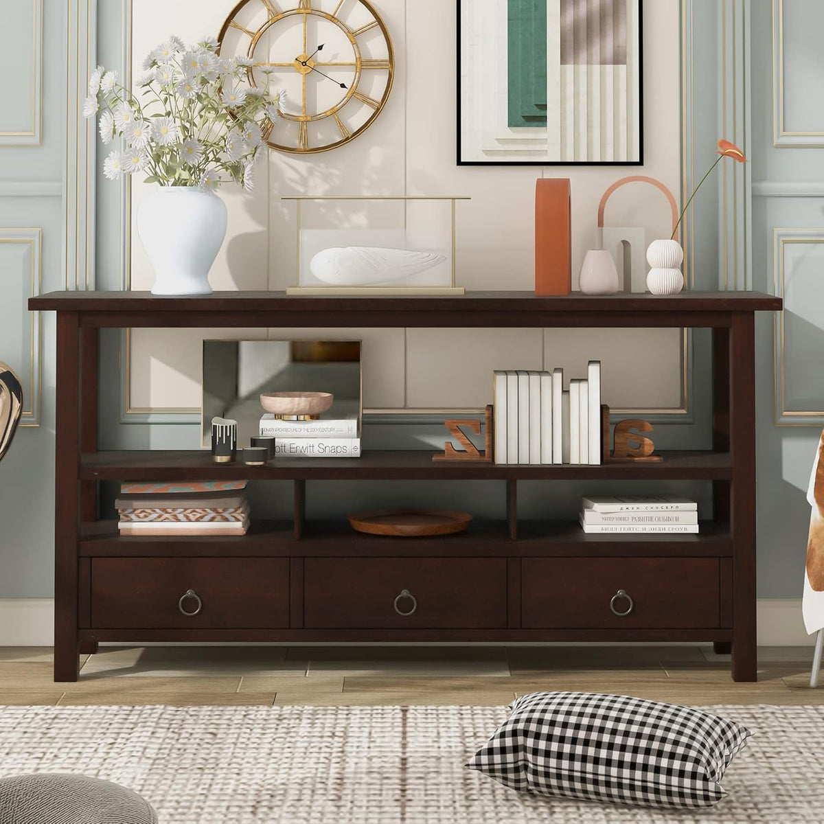 Navy Blue 6 Drawers Console Table with Cabinet and Shelf W15422