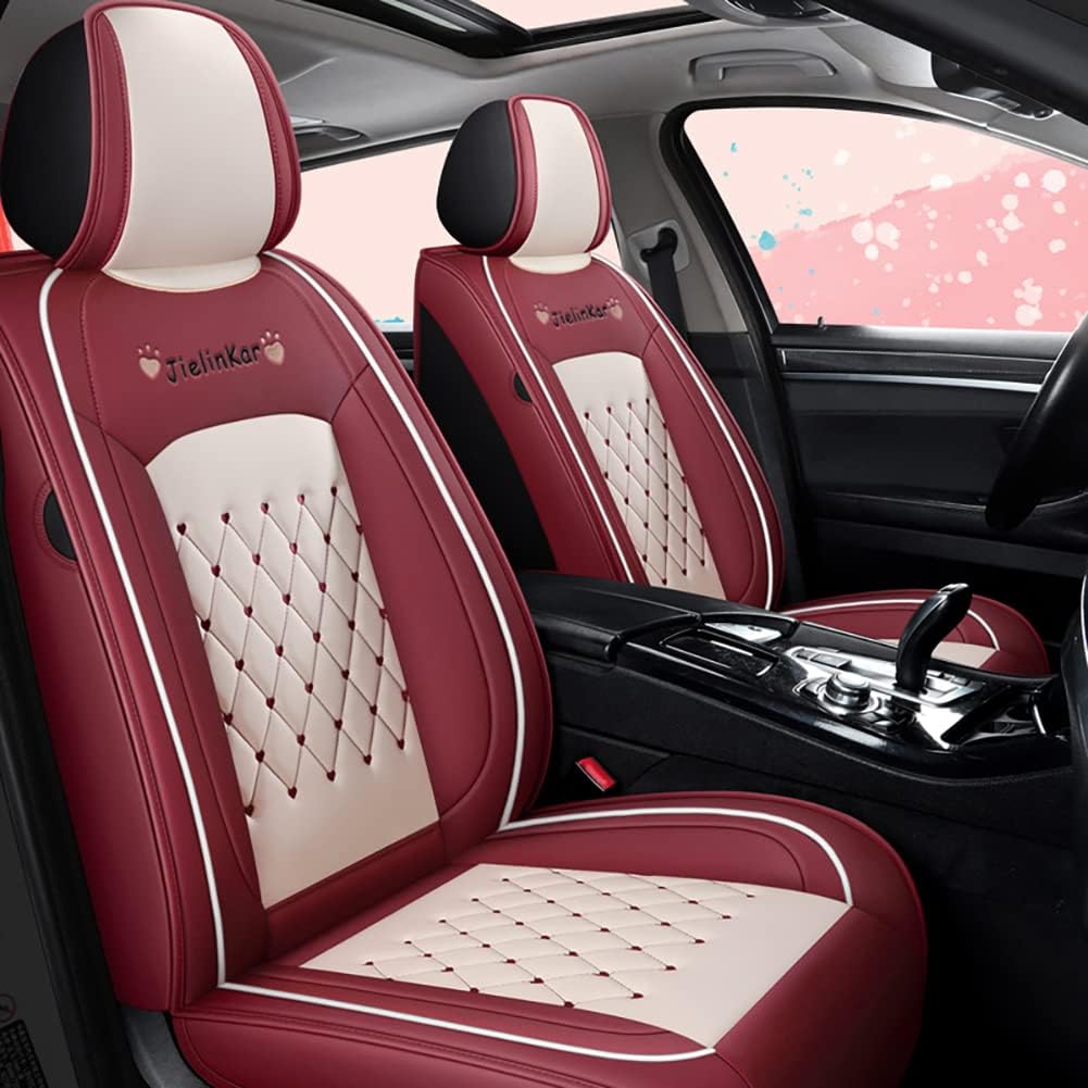 Wine Red-White Water Proof PU Leather Car Seat Covers Full Set M576