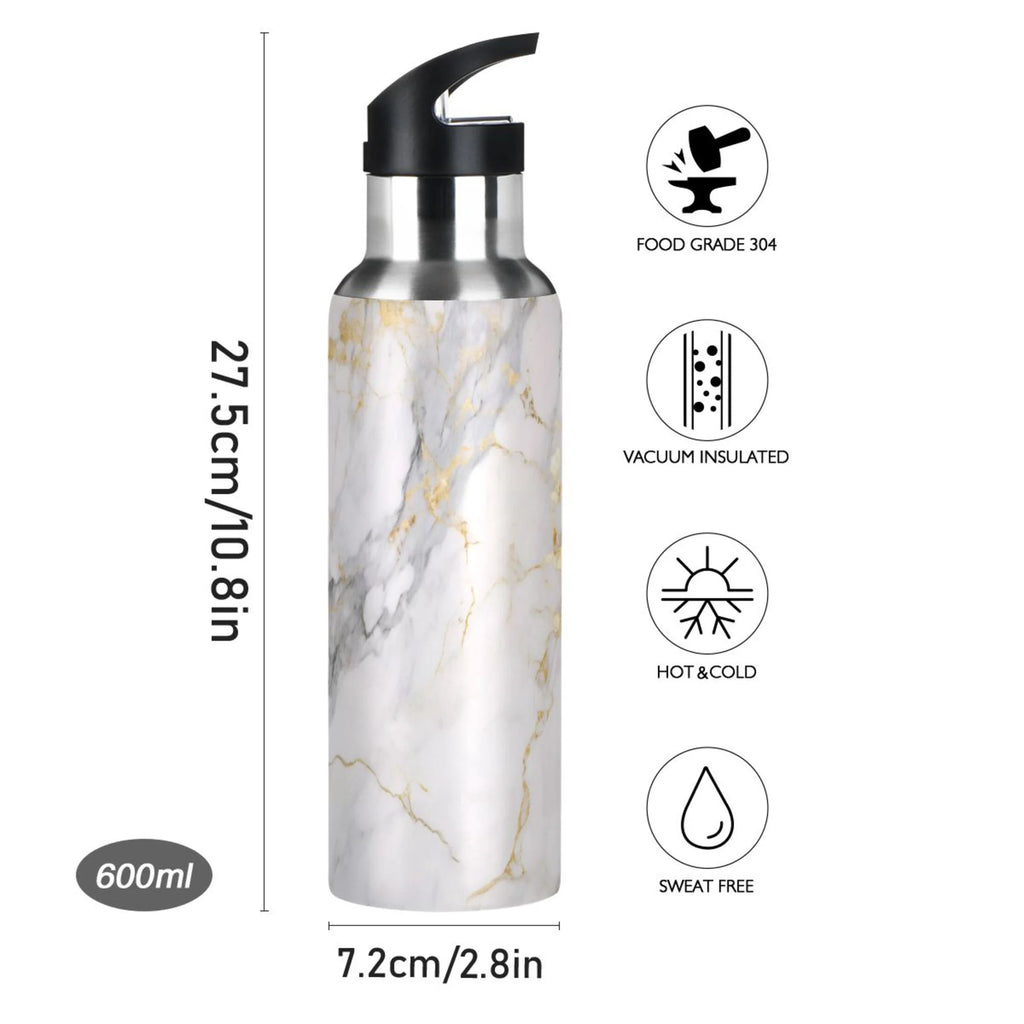 White and Golden Marble Stainless Steel Insulated Water Bottle with Straw Lid J7664