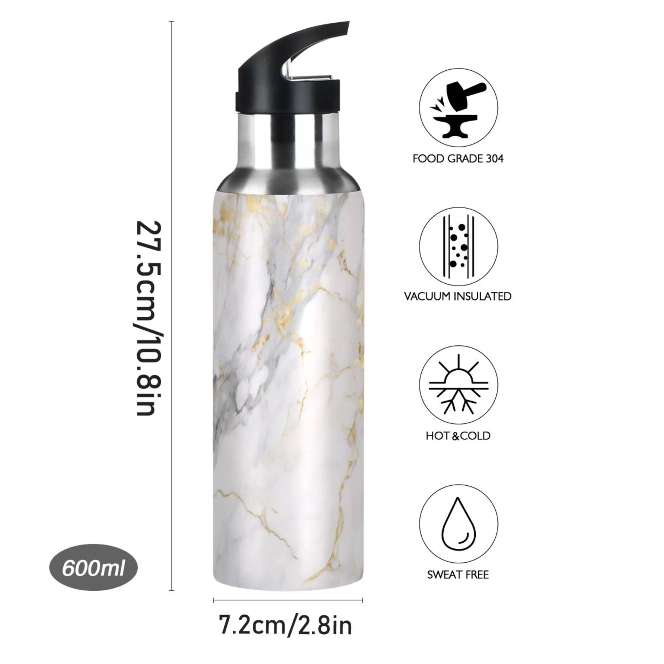 White and Golden Marble Stainless Steel Insulated Water Bottle with Straw Lid J7664