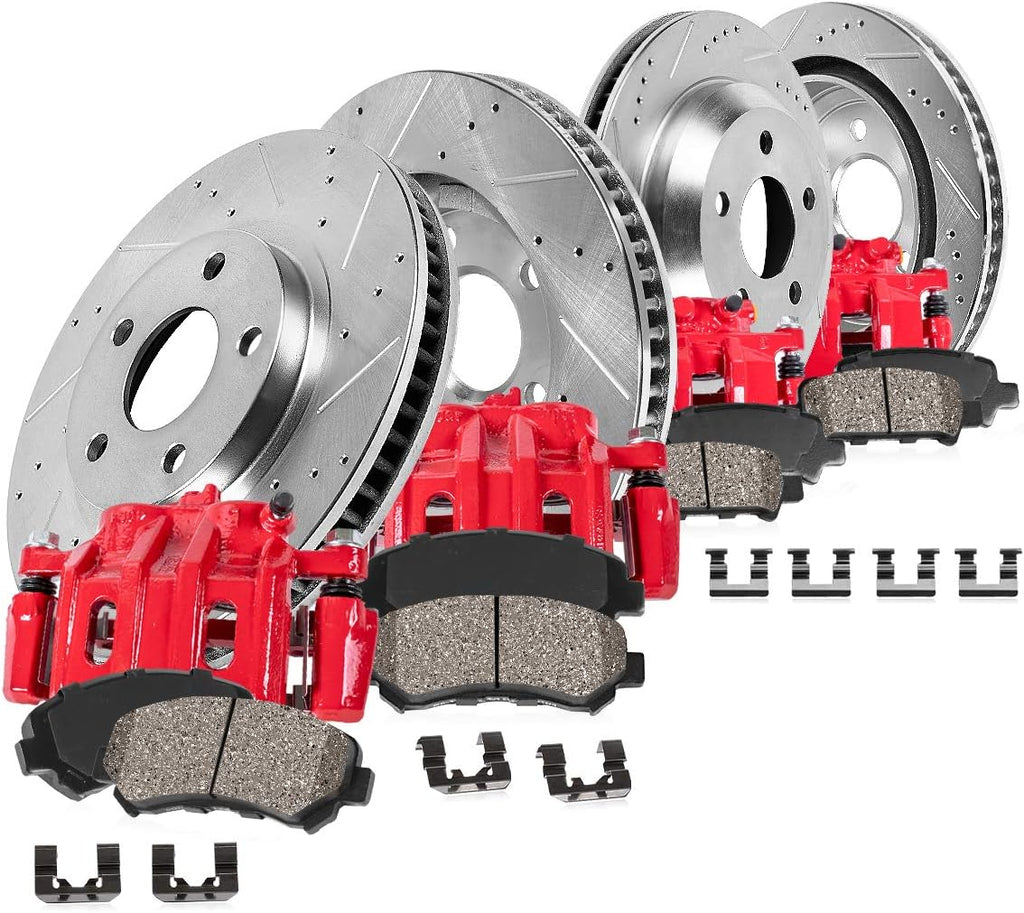 Powder Coated Red Calipers Rotors Ceramic Pads Performance Kit D68053