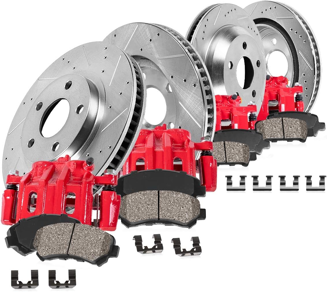 Powder Coated Red Calipers Rotors Ceramic Pads Performance Kit D68053