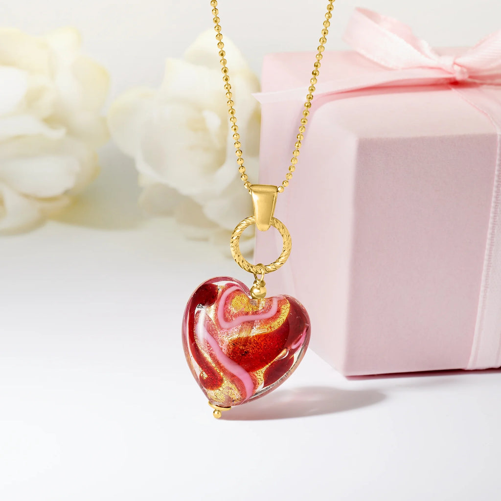 Italian Red and Pink Murano Glass Heart Pendant Necklace in 18kt Gold Over Sterling A440